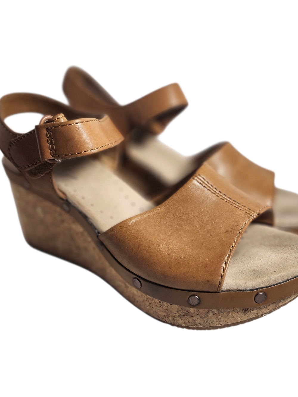 Clarkes Women's Tan Cork Wedge Sandals - Comfort Ankle Strap Size 6